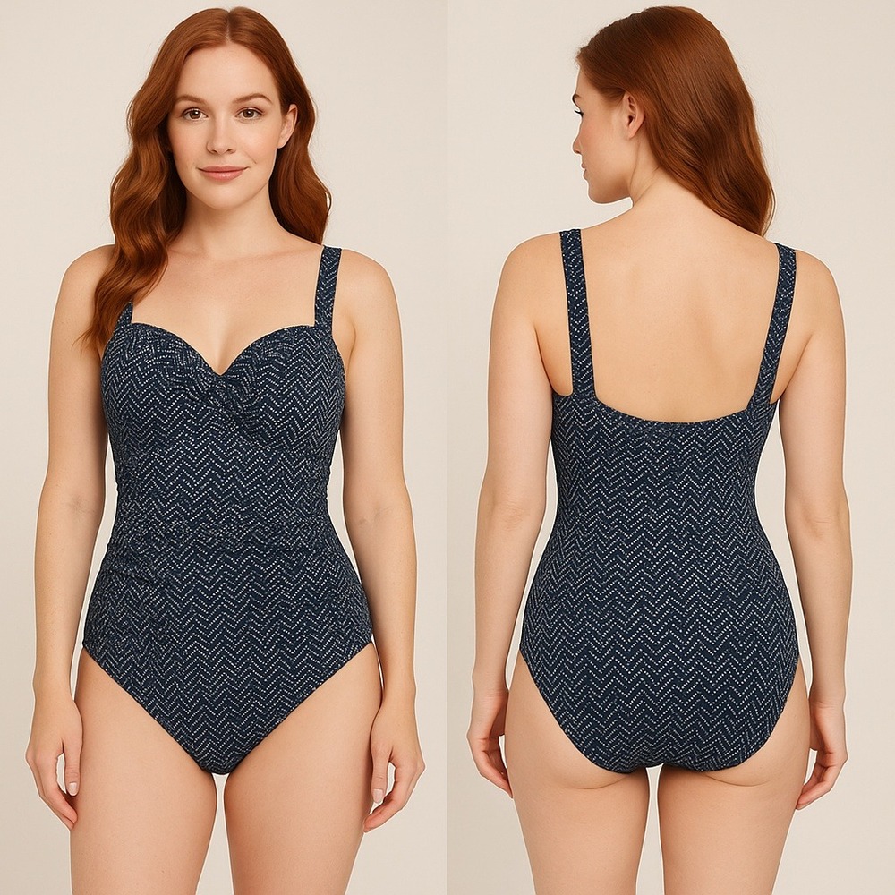 Nip Tuck Swim‎ One Piece Swimsuit Size 6 Blue White Chevron Tummy Control Cups